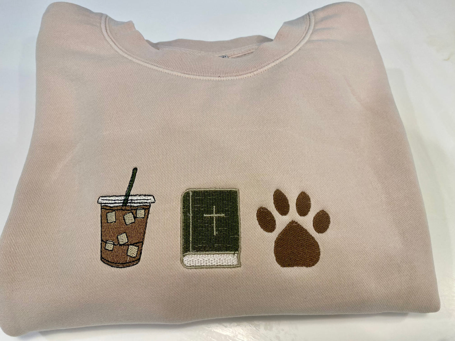 ICED COFFEE- JESUS -DOGS favorite things embroidered crewneck sweatshirt