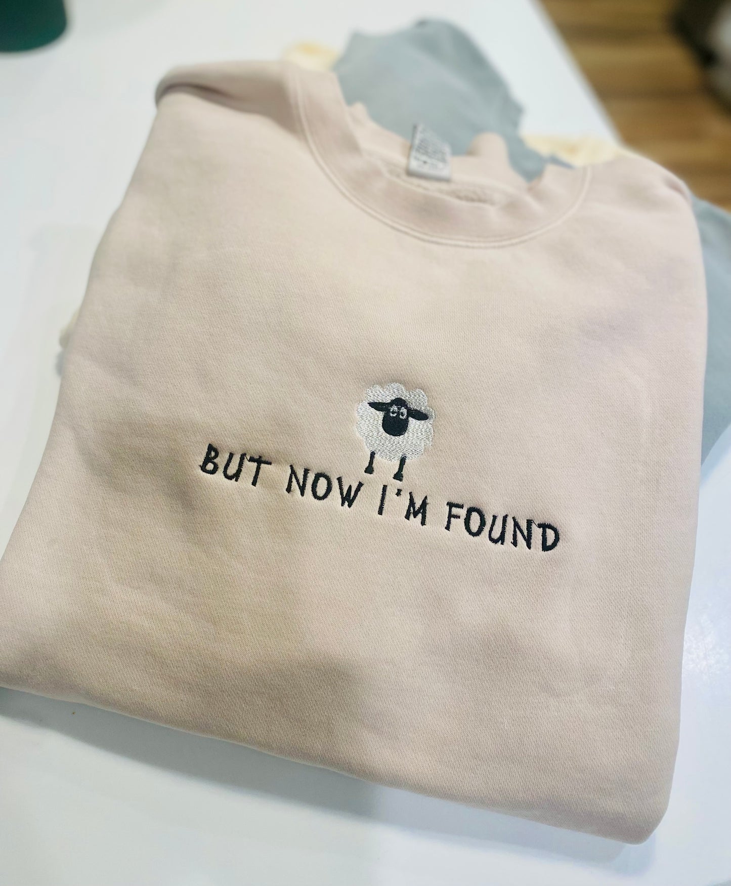 BUT NOW I’M FOUND Embroidered pigment dyed crewneck sweatshirt